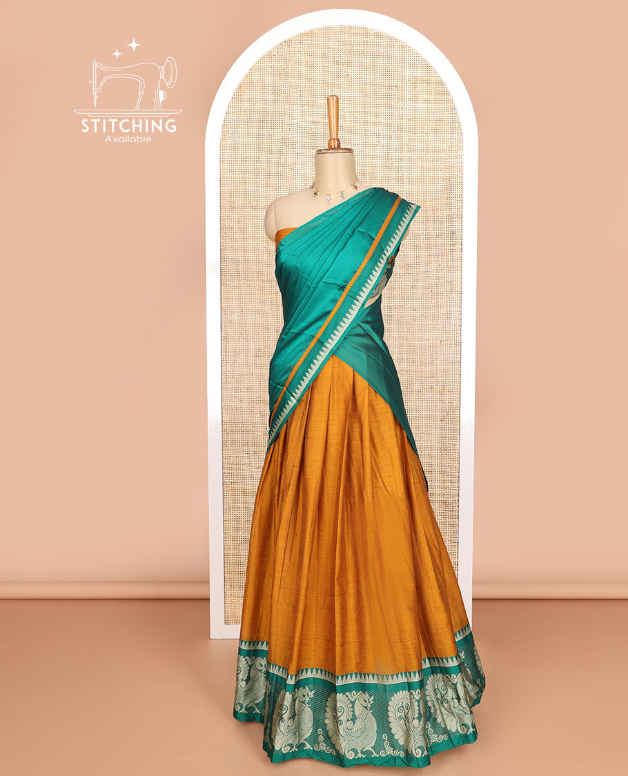 Mustard cotton half saree with contrast peacock design border, zari design blouse & plain , zari design border dhavani