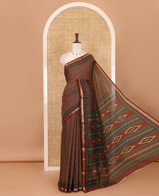 Brown argyle Ajrakh-style printed Muslin cotton saree, zari border, geometric printed pallu & argyle printed blouse