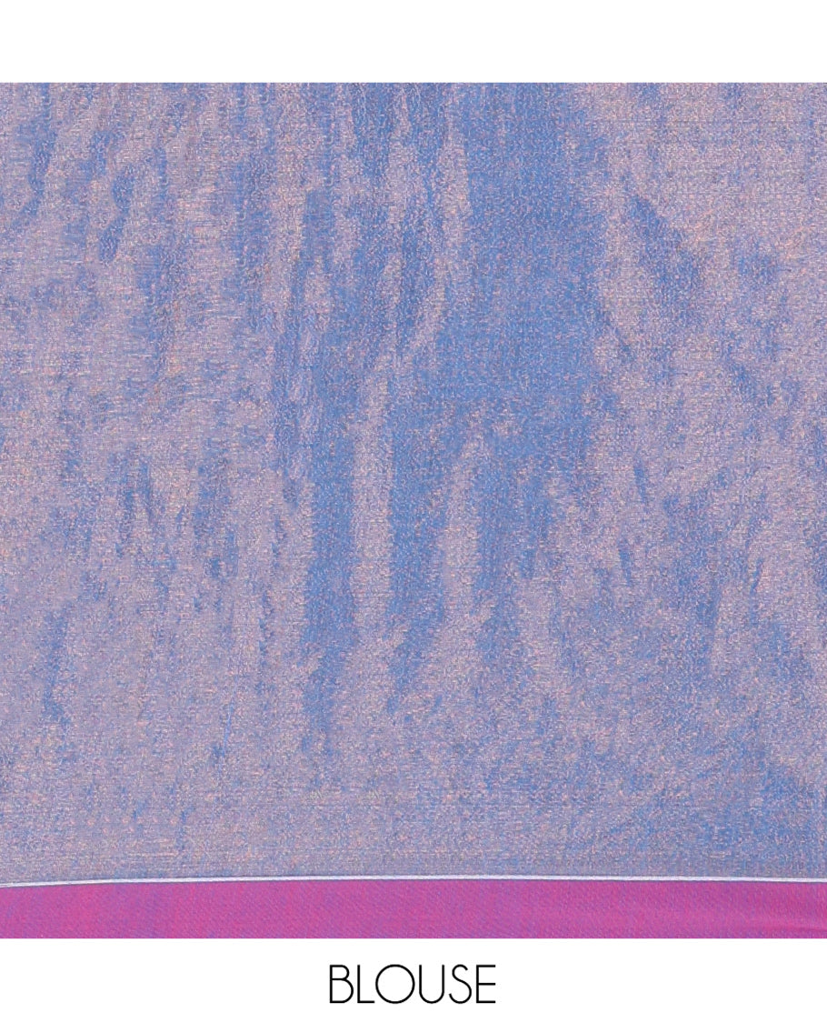 Blue Khadi Tissue Saree, Adorned with Leaf Buttas All Over Its Body, Highlighted by Geometric Patterned Border, Pallu Depicts Geometric Prints, and Paired with a Matching Blouse