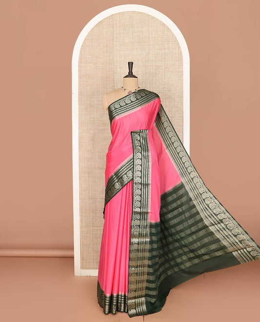 Pink plain art mysore silk saree, contrast traditional zari border of paisleys, and zari design pallu