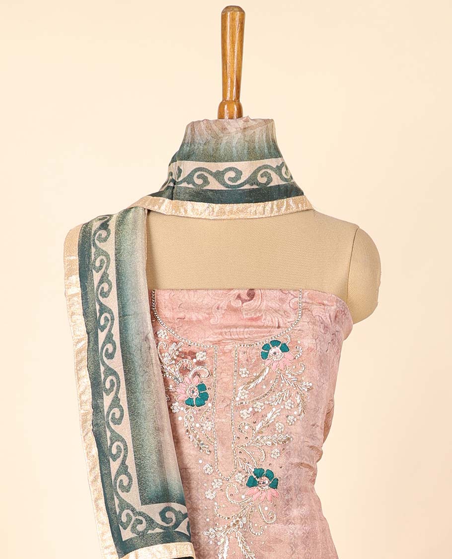 Peach material chudidhar set, floral print & embroidered top, plain bottom & floral printed dupatta