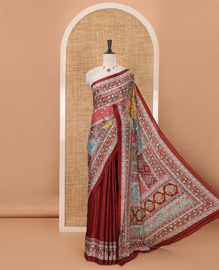 Maroon-base kaleidoscope-coloured intricately printed & real mirror embroidery masakali saree, self-border, self-pallu & matching blouse