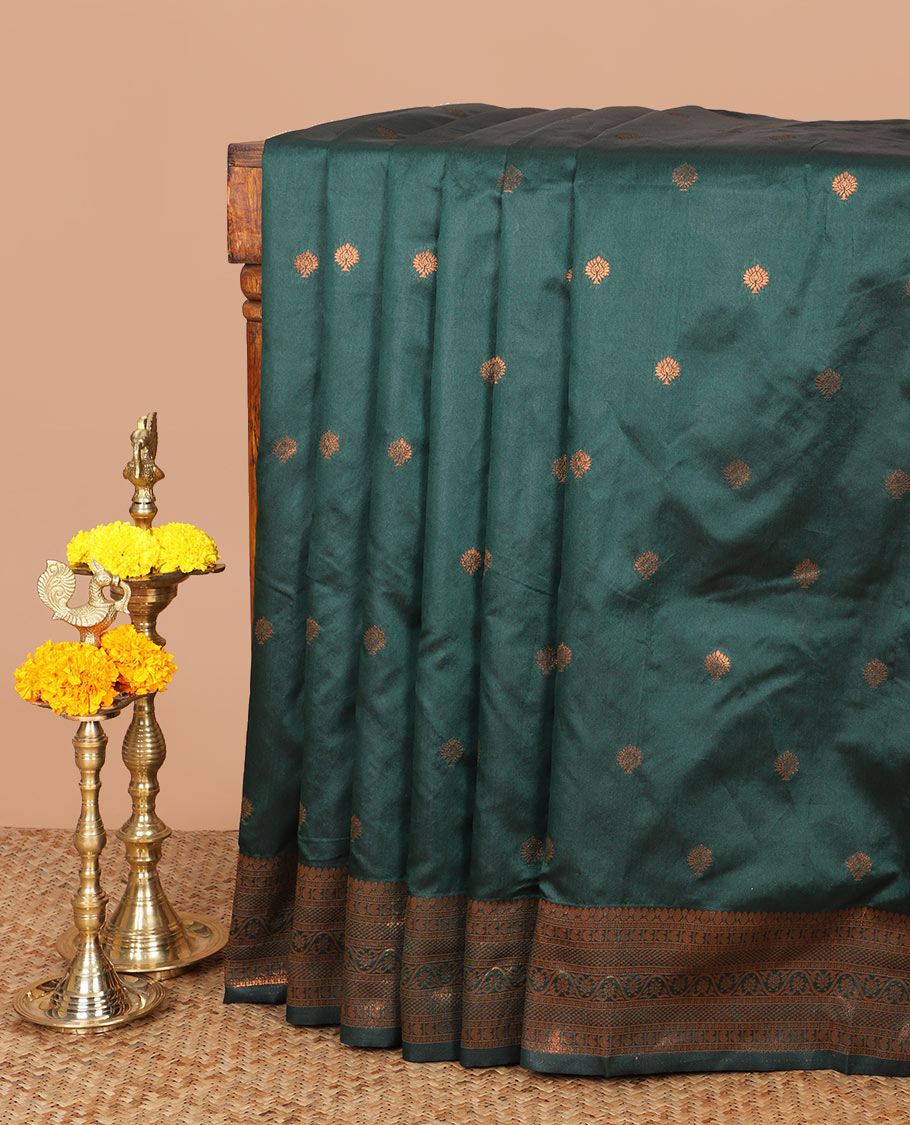 Olive green small zari butta soft silk saree with zari border & rich pallu along with butta design blouse