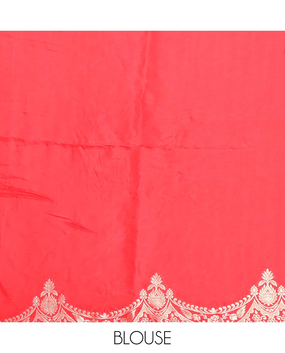 Red floral motifs semi-banaras dola silk saree with scallop border & peacock design pallu
