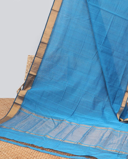 Blue striped mangalagiri cotton saree with contrast temple border & striped pallu