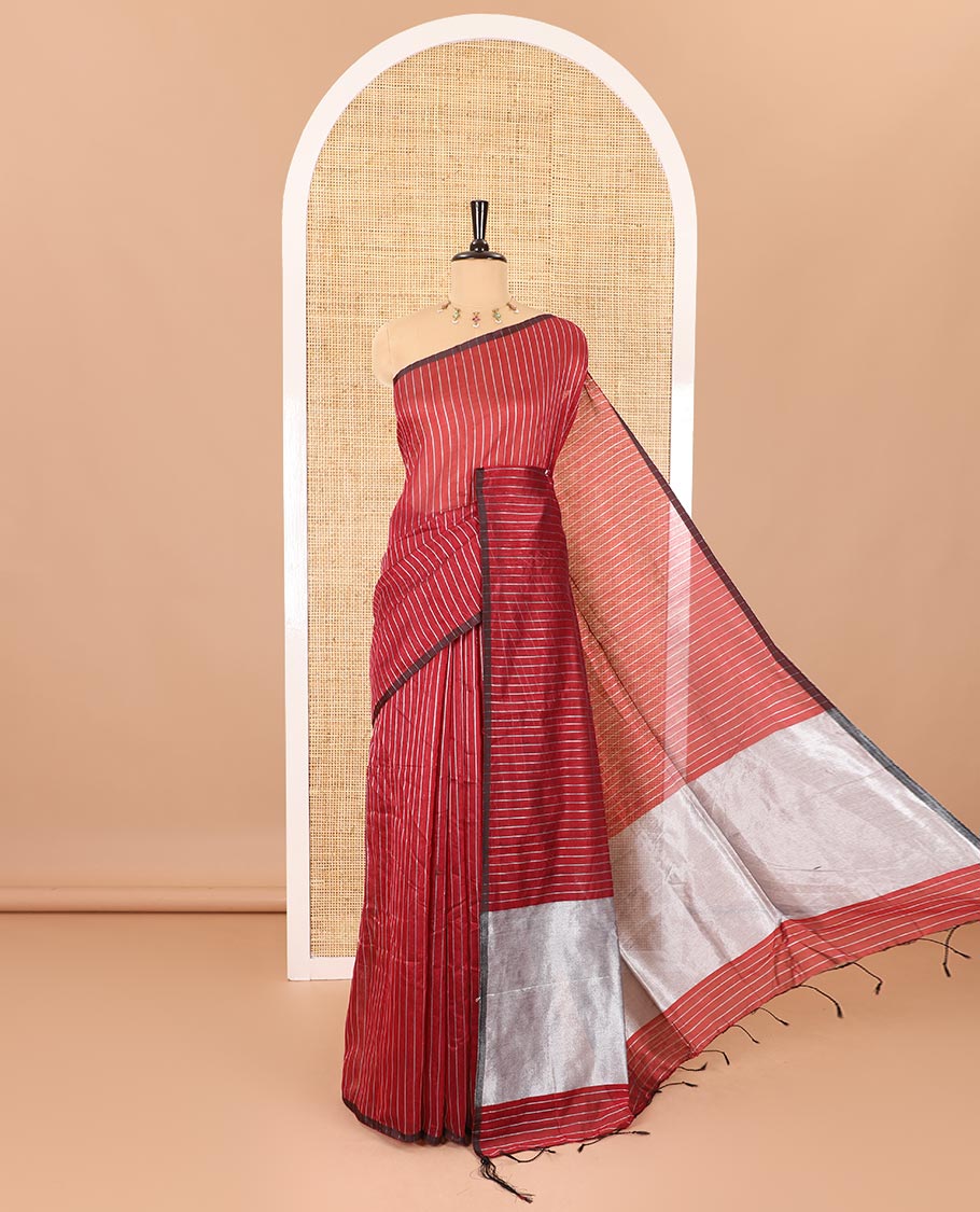 Borderless maroon zari vertically striped khadi mul cotton saree, gleaming zari pallu and a matching blouse