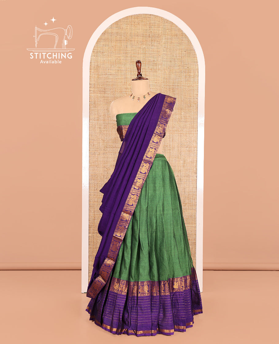 Green-Blue Mercerised Cotton Half Saree Features a Plain Skirt, a Contrast Traditional Zari Border, a Matching Blouse, and a Contrast Dhavani