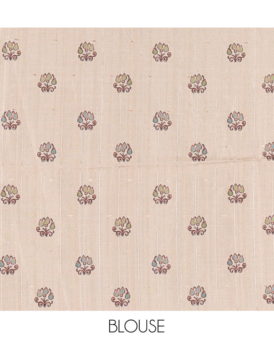 Chikku Matka Tussar Saree, Adorned with Unique Print, a Self-Border, Painting-Style Printed Pallu, and a Matching Blouse