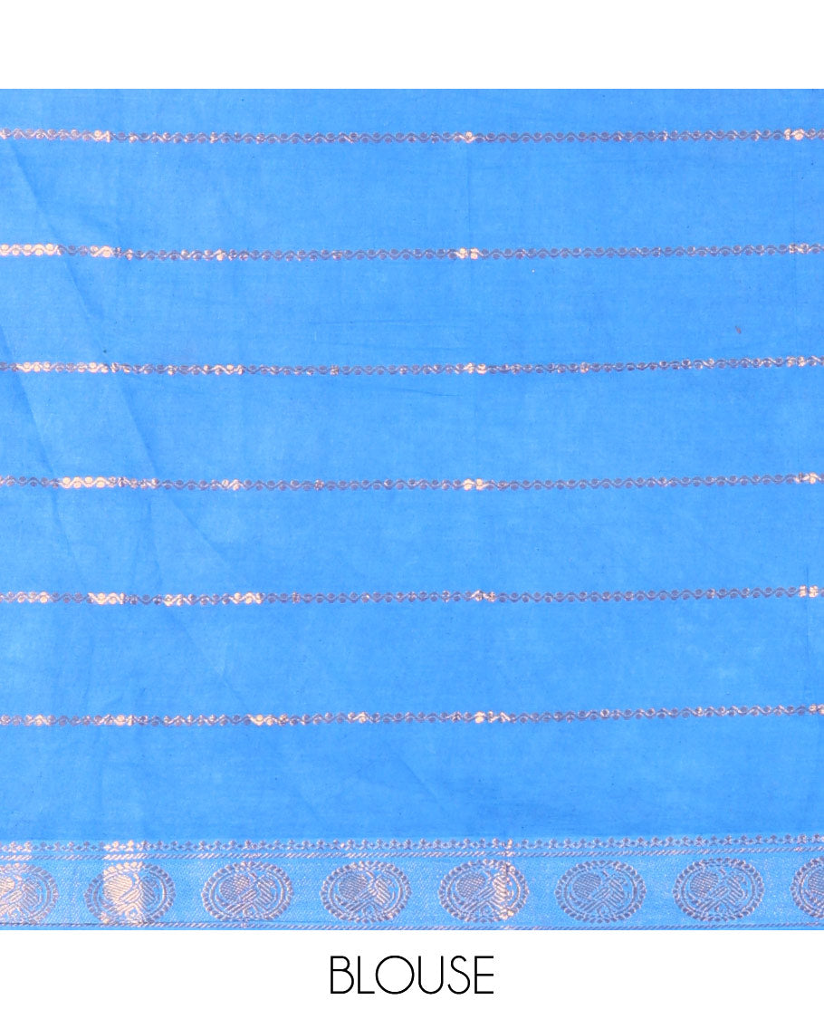 Navy Blue Sungudi Cotton Saree, Enriched with Veldhari Zari Stripes All Over Its Body, Complemented by a Contrast Border of Round Peacock Designs, Zari Striped Pallu, and Paired with a Contrast Blouse