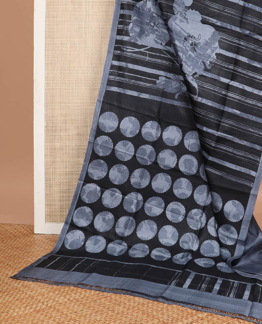 Grey striped printed silk saree with contrast border & round motifs pallu