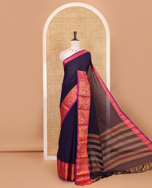 Purple plain design mercerised cotton saree, contrast traditional peacock enclosed manga border, striped pallu & matching blouse