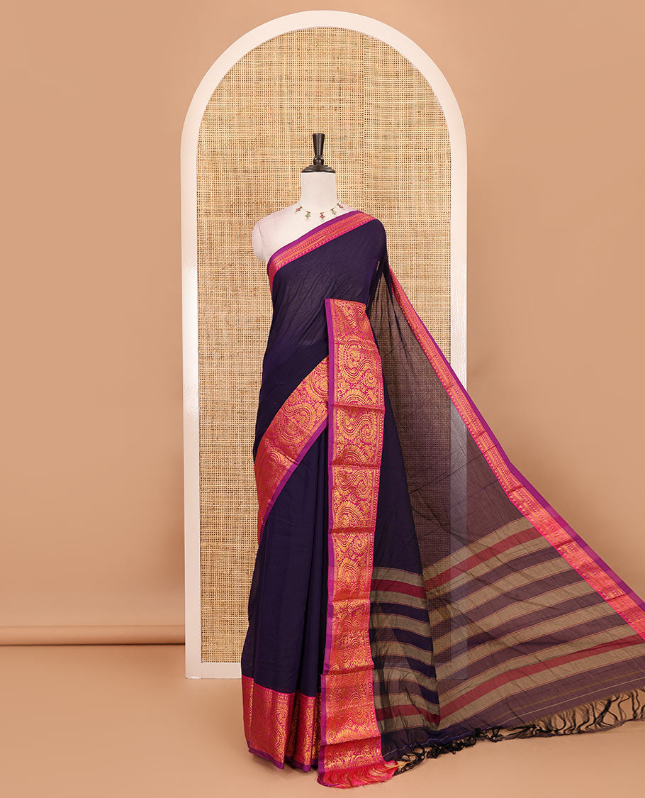 Purple plain design mercerised cotton saree, contrast traditional peacock enclosed manga border, striped pallu & matching blouse