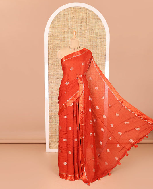 Orange floral zari buttas viscose khadi silk saree, traditional zari satin border, floral zari buttas woven pallu, and a matching zari design blouse