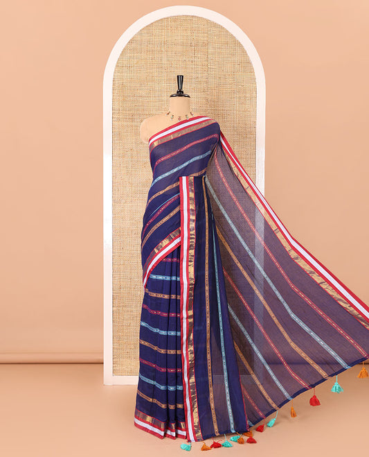 Navy blue horizontal multi-colored striped Khadi mul cotton saree, contrast satin gold zari piping border, striped pallu, and a matching blouse