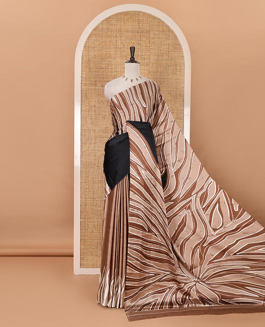 Borderless black-brown color batik-style abstract-printed satin crepe saree, contrast-printed blouse