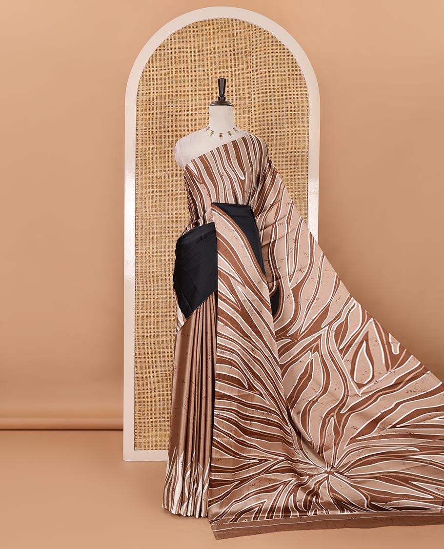 Borderless black-brown color batik-style abstract-printed satin crepe saree, contrast-printed blouse