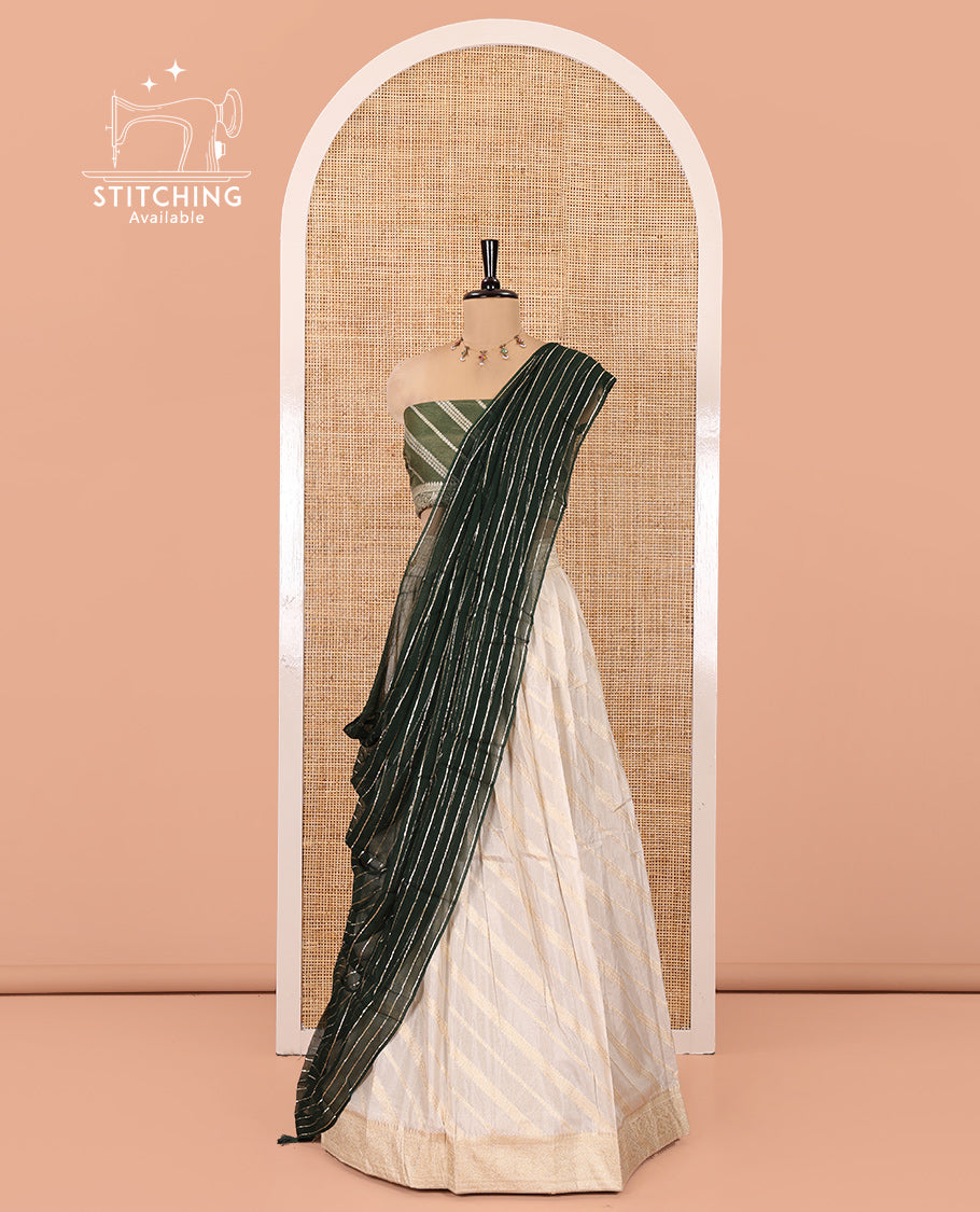 Cream-Green Semi-Banarasi Half-Saree Features Leheriya Striped Skirt, Contrast Leheriya Striped Blouse, Georgette Striped Dhavani