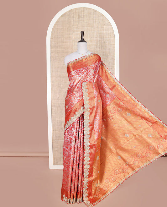 Red Vastrakala Silk Saree, Enthralled with Floral Jacquard and Patch Stone Work, Highlighted by Traditional Zari and Lace Embroidered Scallop Border, Grand Scallop Design Stone Work Pallu, and Paired with Heavy Embroidered Blouse