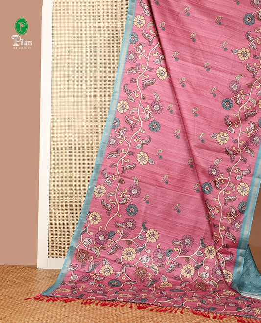 Onion pink floral digital printed semi tussar silk saree with kalamkari design border & kalamkari design pallu along with printed blouse