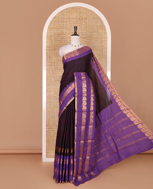 Purple plain sungudi cotton saree, contrast annam motifs, gold zari woven border, zari striped, and zari design contrast blouse