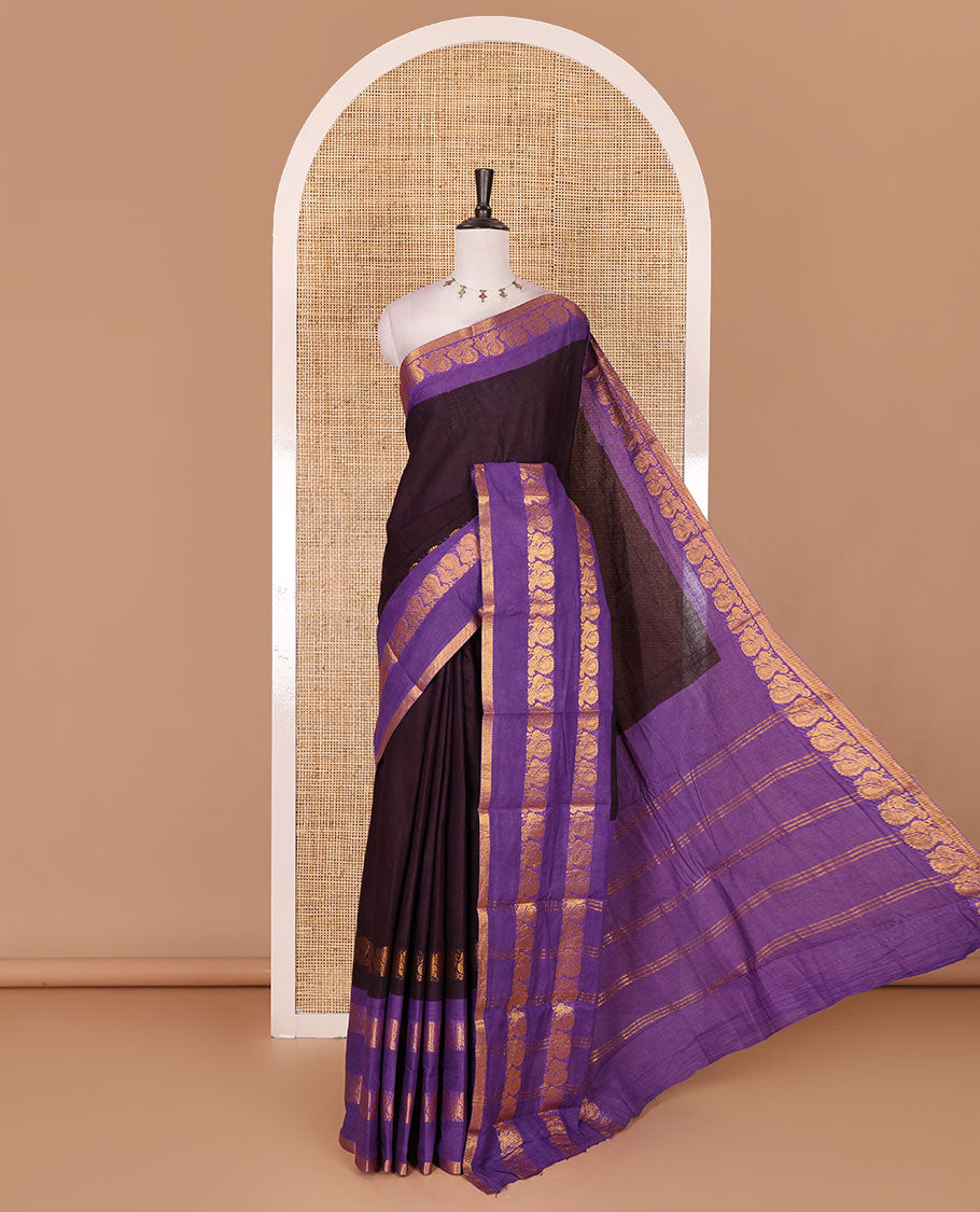 Purple plain sungudi cotton saree, contrast annam motifs, gold zari woven border, zari striped, and zari design contrast blouse