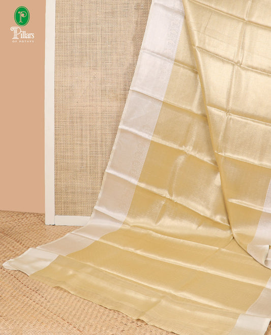 Gold with cream all-over brocade zari weaving design banaras kora tissue saree with contrast zari jacquard border & contrast rich pallu along with brocade blouse