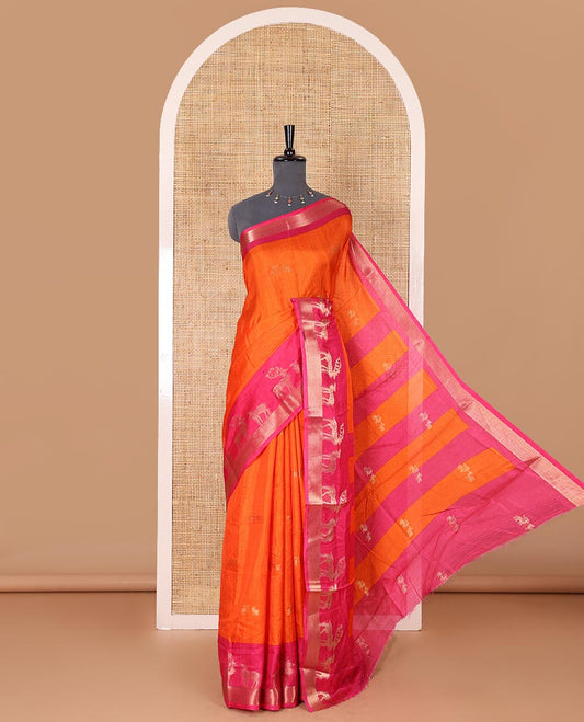 Orange deer copper zari buttas dola silk saree, contrast chevron and deer motifs zari border, deer motifs pallu, and contrast deer motifs blouse