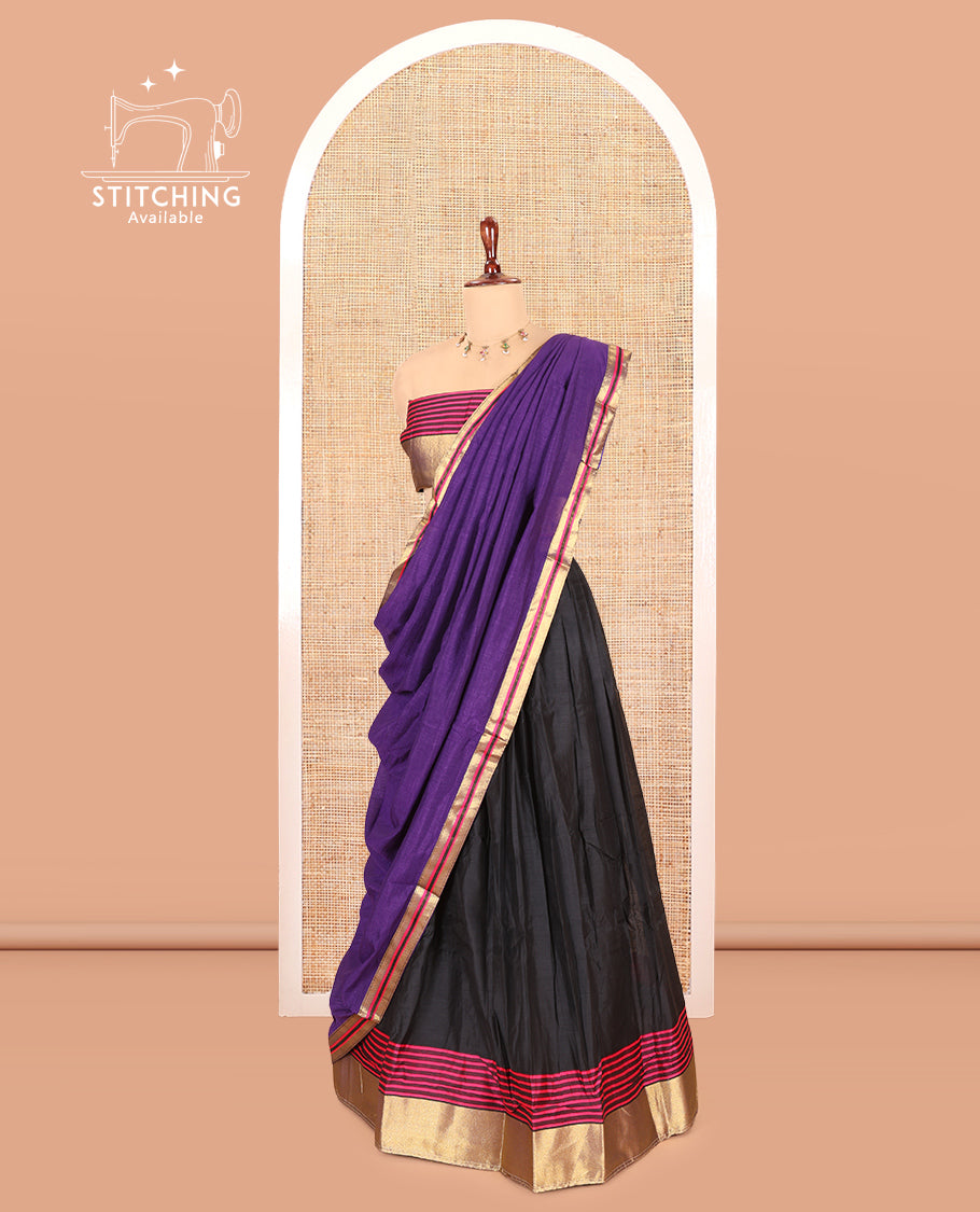 Black-Dark Purple Semi-Silk Half-Saree