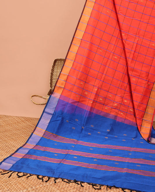 Orange checked design kuppadam silk saree, plain border & contrast pallu of stripes & buttas