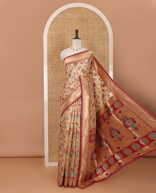 Chikku floral & paisley vine tissue silk saree, contrast temple border, paithani-style peacock & muniya pallu & contrast zari buttas blouse