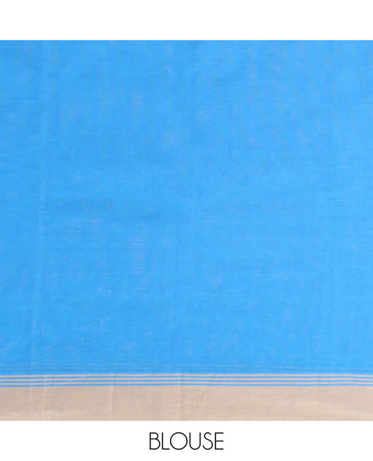 Light blue motifs kanchi cotton saree with contrast striped border & floral motifs, striped pallu