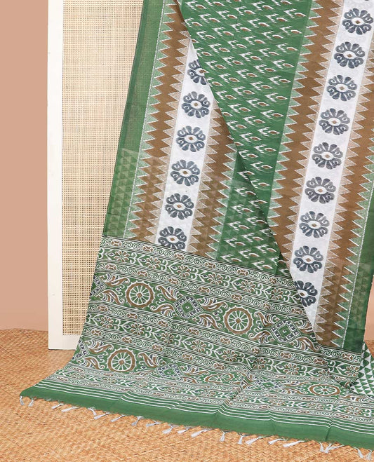 Green floral motifs mul mul cotton saree with contrast temple, floral design border & floral design pallu