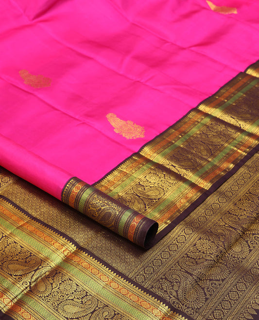 Pink buttas kancheepuram silk saree with contrast korvai border of rekku, banaras, poo chakram, manga design & floral zari design pallu