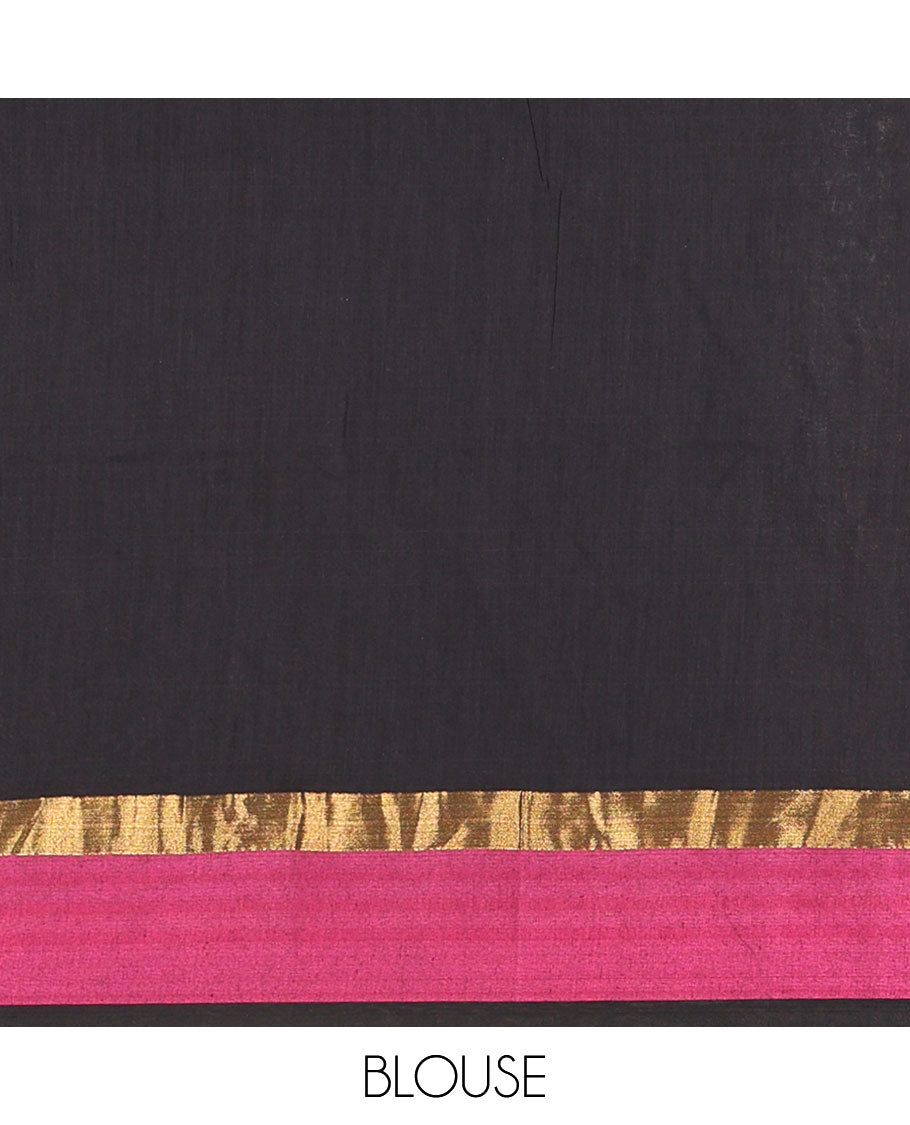 Black Plain Khadi Mul Cotton Saree, Complemented by a Contrast Pink Zari Border, Plain Pallu, and Paired with a Matching Blouse