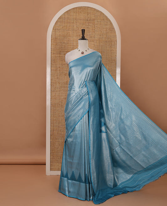 Blue stripes zari jacquard softy saree with temple traditional zari border, rich pallu & matching zari blouse