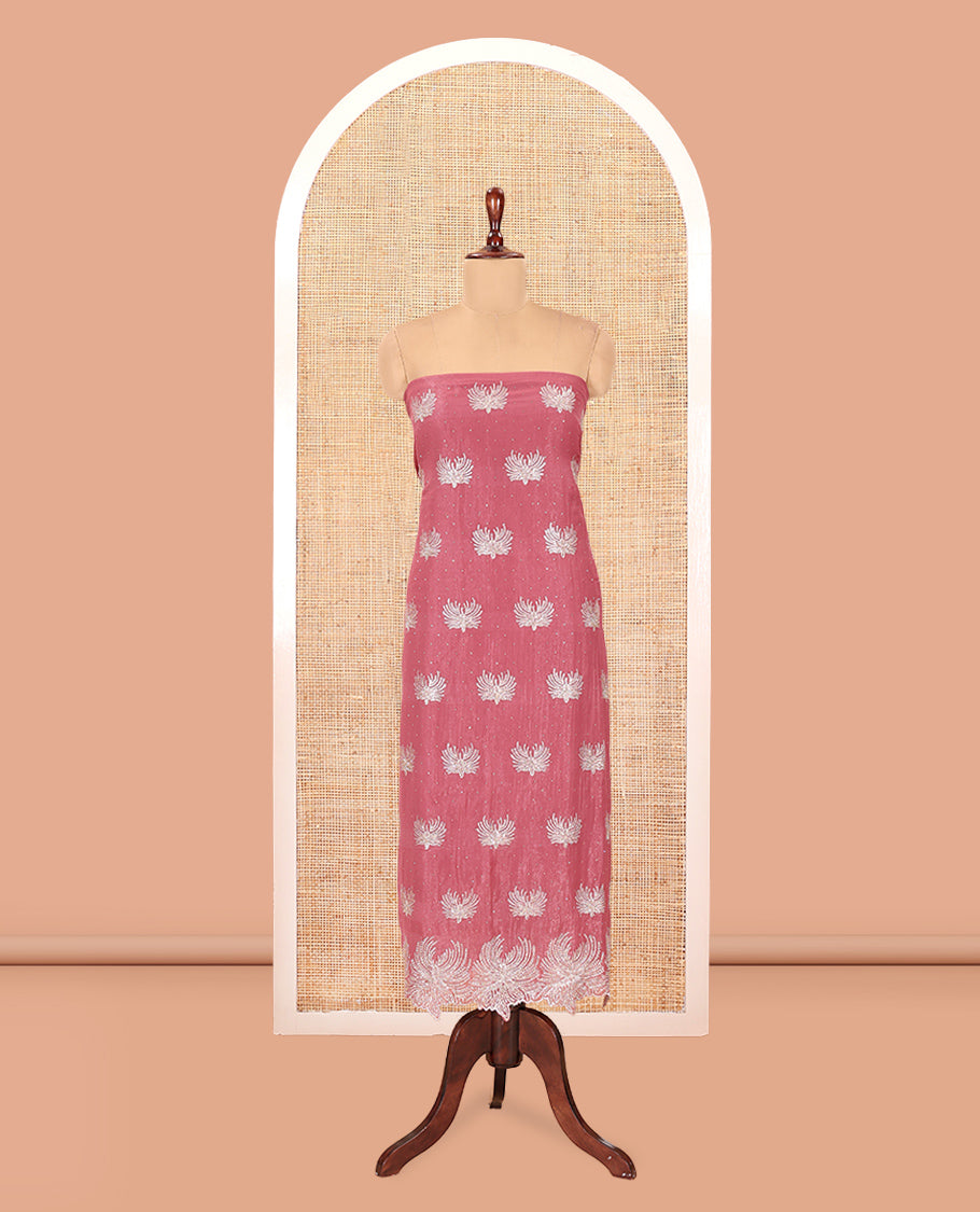 Pink Crunchy Chiffon Material Churidar Features Thread Embroidered-Stone Work Top, Plain Bottom, Embroidered Dupatta