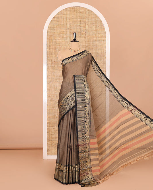 Brown plain mercerised cotton saree, contrast traditional motifs thread woven border, striped pallu, and a matching blouse