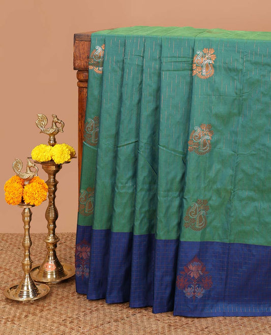 Rama green zari mango butta design soft silk saree with lotus flower design border & rich weaving pallu along with butta design blouse