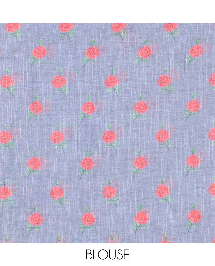 Grey Linen Cotton Saree, Beautiful Decked Up with Checks and Floral Motifs Printed All Over Its Body, Subtle Piping Border, Pallu Mirrors the Same Design, and Paired with a Printed Blouse