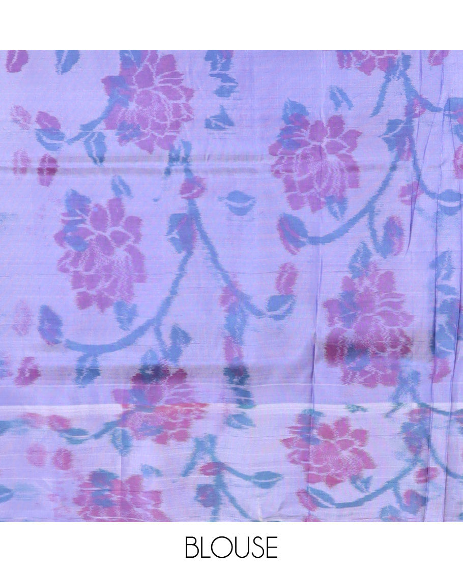 Blue floral motifs semi-soft silk saree with contrast border & floral vine design pallu