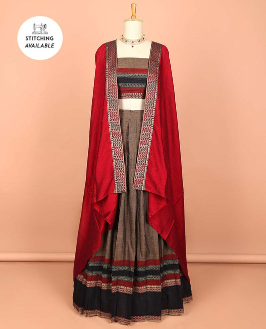 Brown cotton half saree with contrast striped zari border, plain blouse & plain with striped zari border dhavani