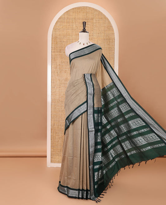 Pale pearl full-plain Kalyani cotton saree, contrast traditional zari design border, zari design steeped pallu & contrast plain blouse