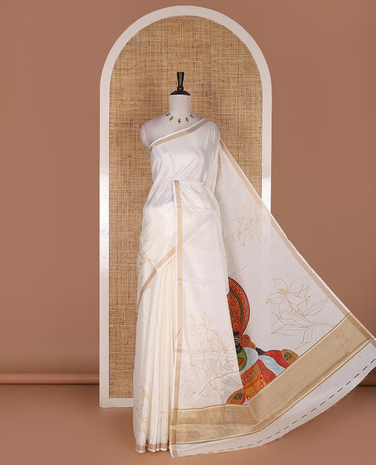 Half-white floral, and kathakali motifs digitally printed Kerala cotton saree, zari border, striped pallu, and matching blouse