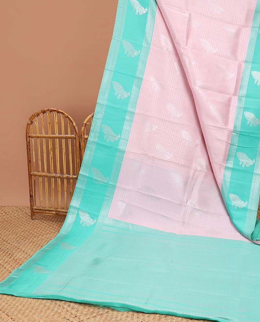 Baby pink checked, floraldesign litchi silk saree with contrast zari design border & floral zari design pallu