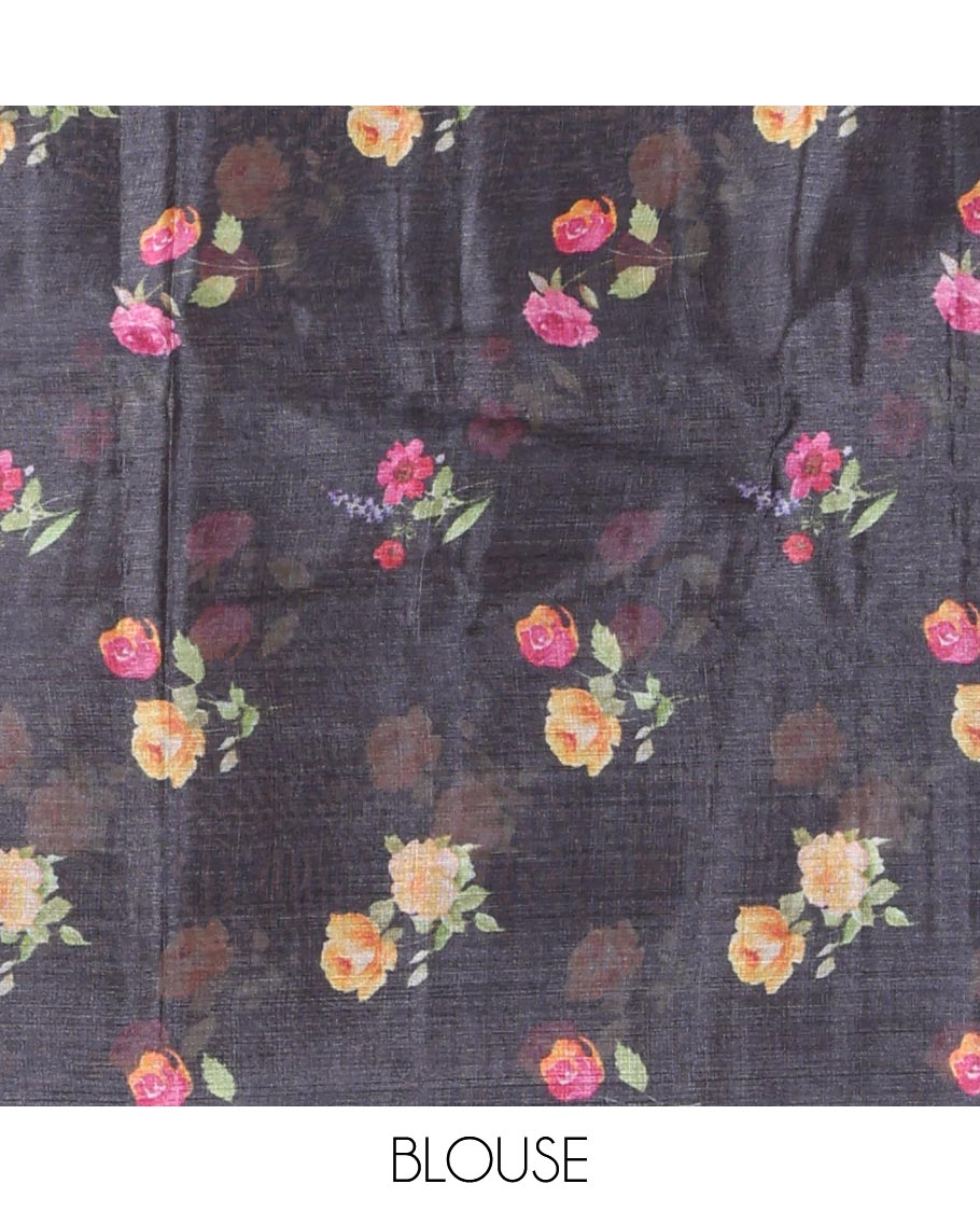 Borderless Black Tussar Silk Saree, Finely Printed with Floral Motifs On Its Body, Subtly Floral Printed Pallu and Paired with a Printed Blouse