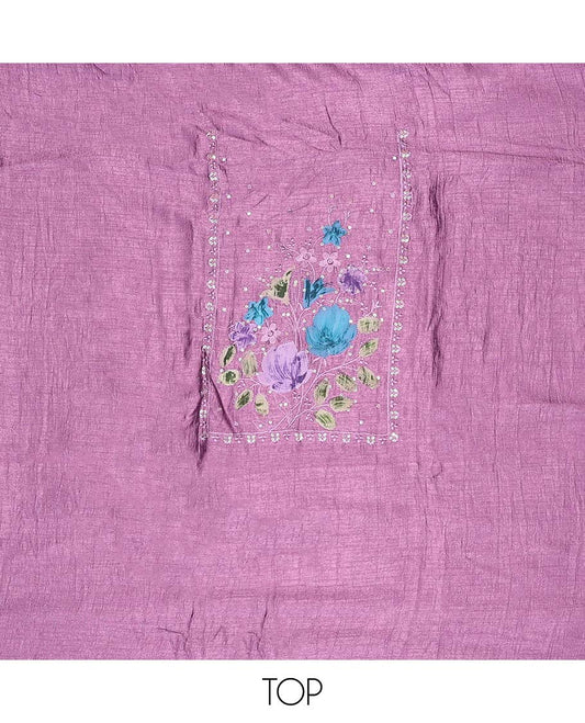 Purple chudidhar material set floral embroidered top, with plain bottom & floral motifs dupatta