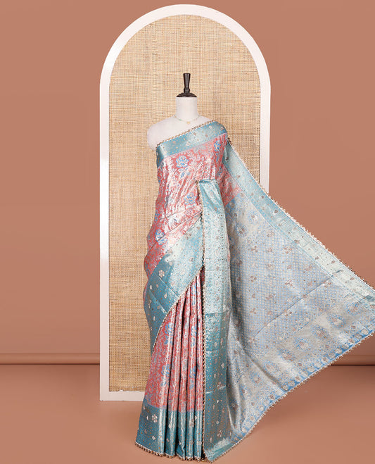 Pink Vastrakala Silk Saree, Bedecked with Floral Jaal and Stone Work, Complemented by Contrast Traditional Zari and Stone Embroidered Scallop Border, Gleaming Grand Zari-Stone Work Pallu, and Paired with Contrast Heavy Stone Embroidered Blouse