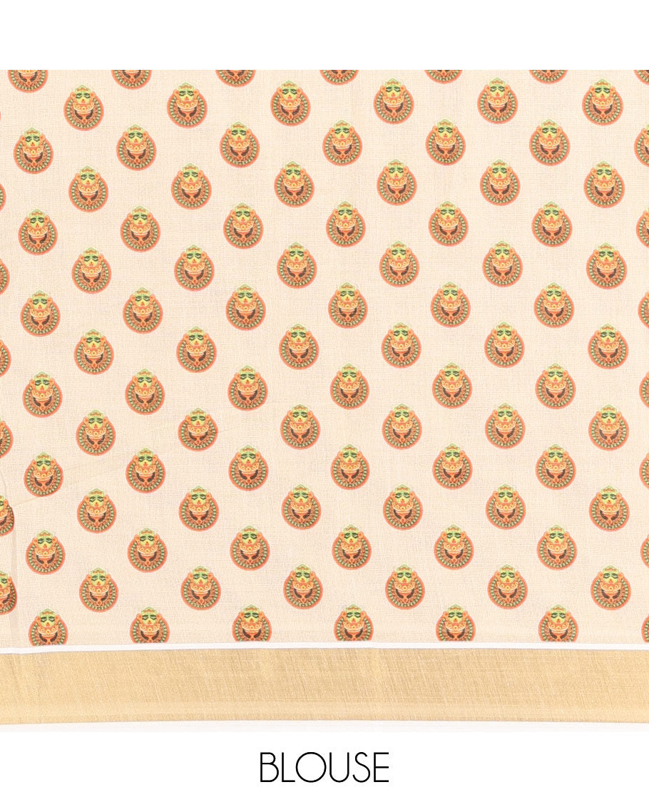 Cream Kerala Cotton Saree, Artfully Printed with Coconut Tree Motifs, a Zari Border, Kerala Culture Printed Pallu, and a Matching Blouse