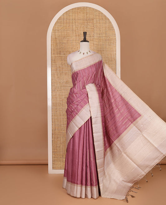 Pink floral vines thread embroidered Tussar saree, contrast Thread border, plain pallu, and contrast blouse