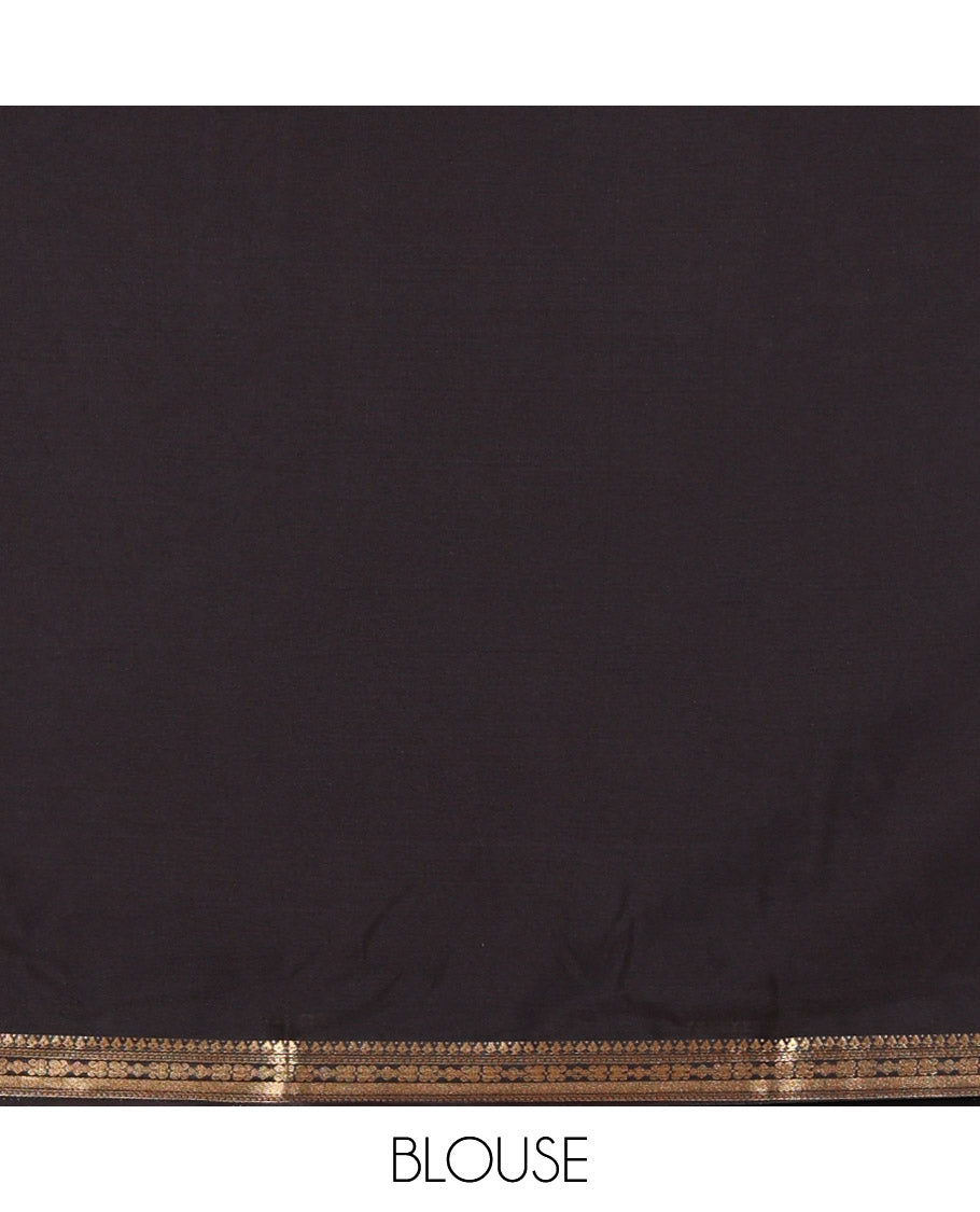 Red and Black Plain Semi-Mysore Silk Saree, Complemented by a Contrast Traditional Zari Design Thin Border, Pallu Steeped with Gleaming Zari Stripes, and Paired with a Contrast Blouse
